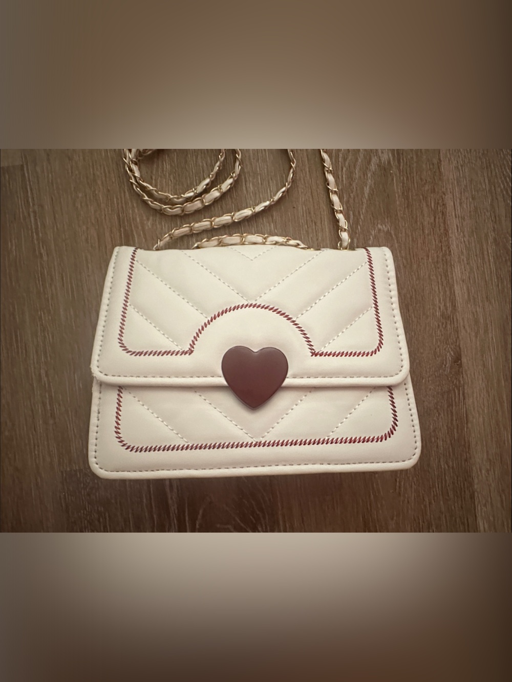 White Quilted Crossbody with Red Heart Accent and Gold Chain